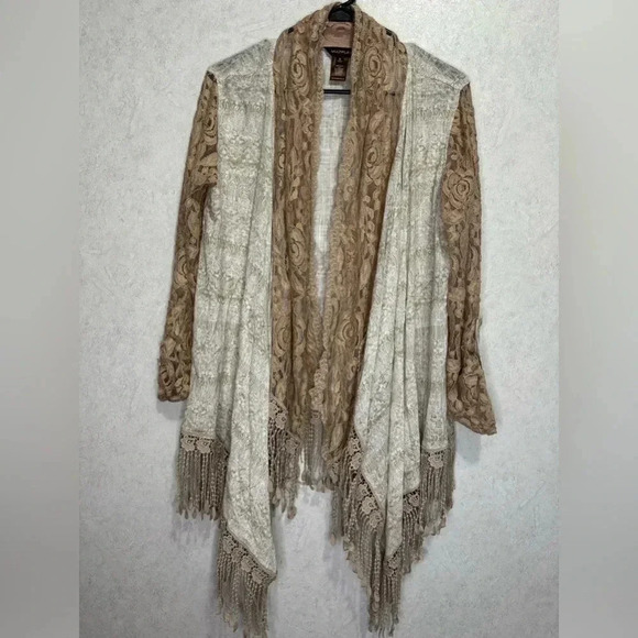 Women’s Mix Media Lace Fringe Open Fringe Cardigan Cover-up Boho Sz Small - Picture 1 of 6